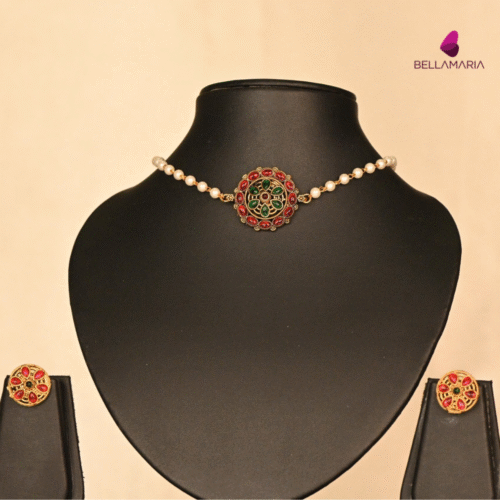 ROUND FLOWER PENDENT WITH PEARL CHAIN-NE0162