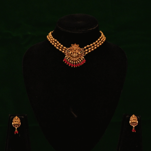 THREE LAYERED GOLDEN BEAD WITH LAKSHMI PENDANT-NE0113
